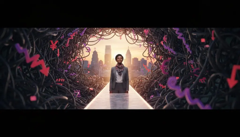 A person stands on a glowing path framed by vibrant vines at sunset.