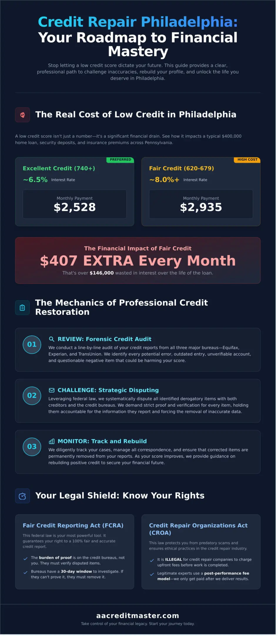 Infographic explaining professional credit restoration with key steps and benefits.
