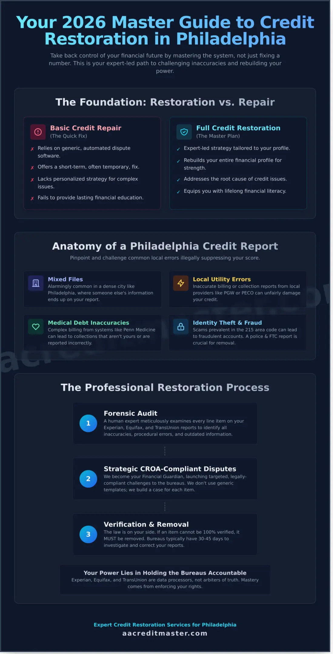 Infographic explaining the anatomy of a Philadelphia credit report and the professional restoration process.
