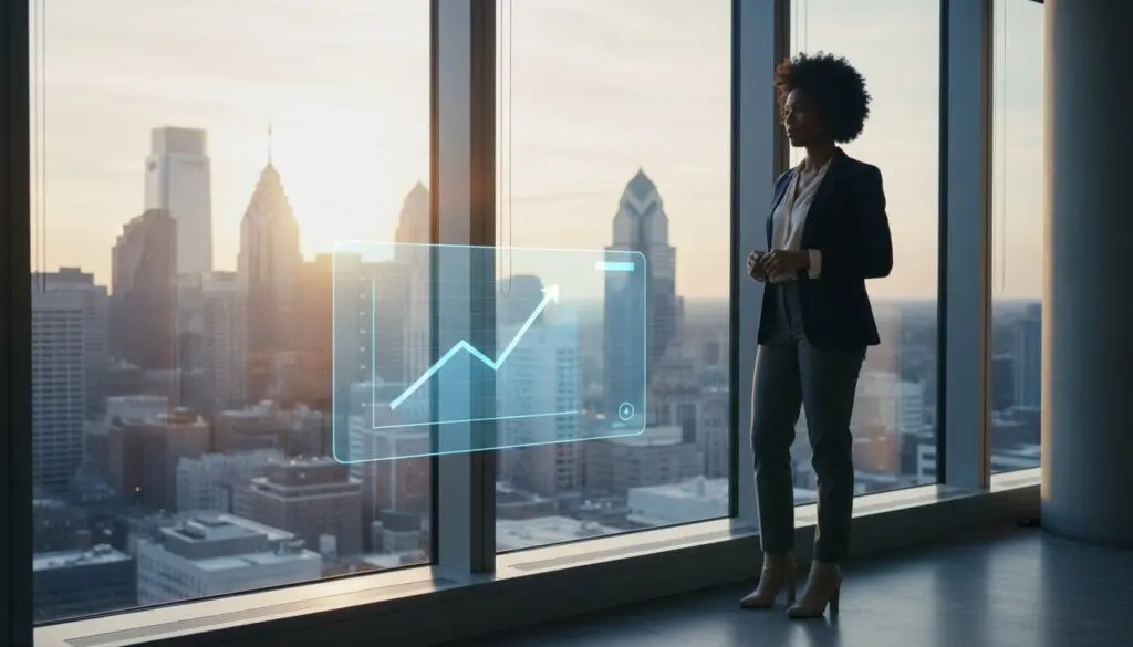 A businesswoman views a rising graph hologram against a city skyline.