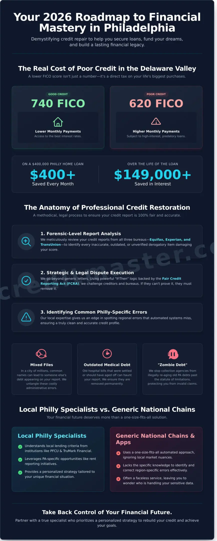 Infographic on professional credit restoration services with pricing and benefits.