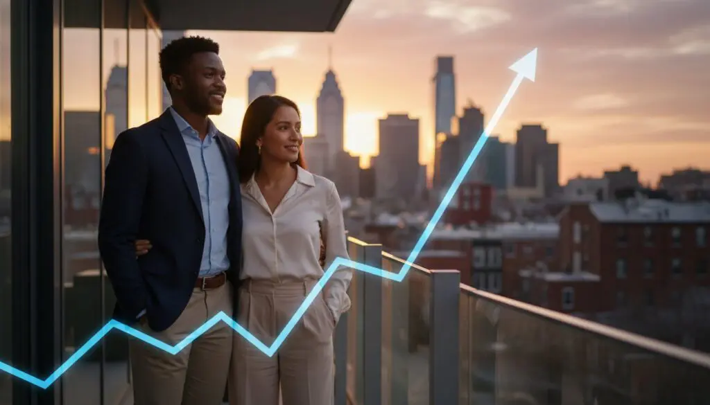 Business professionals discussing growth with a city skyline backdrop.