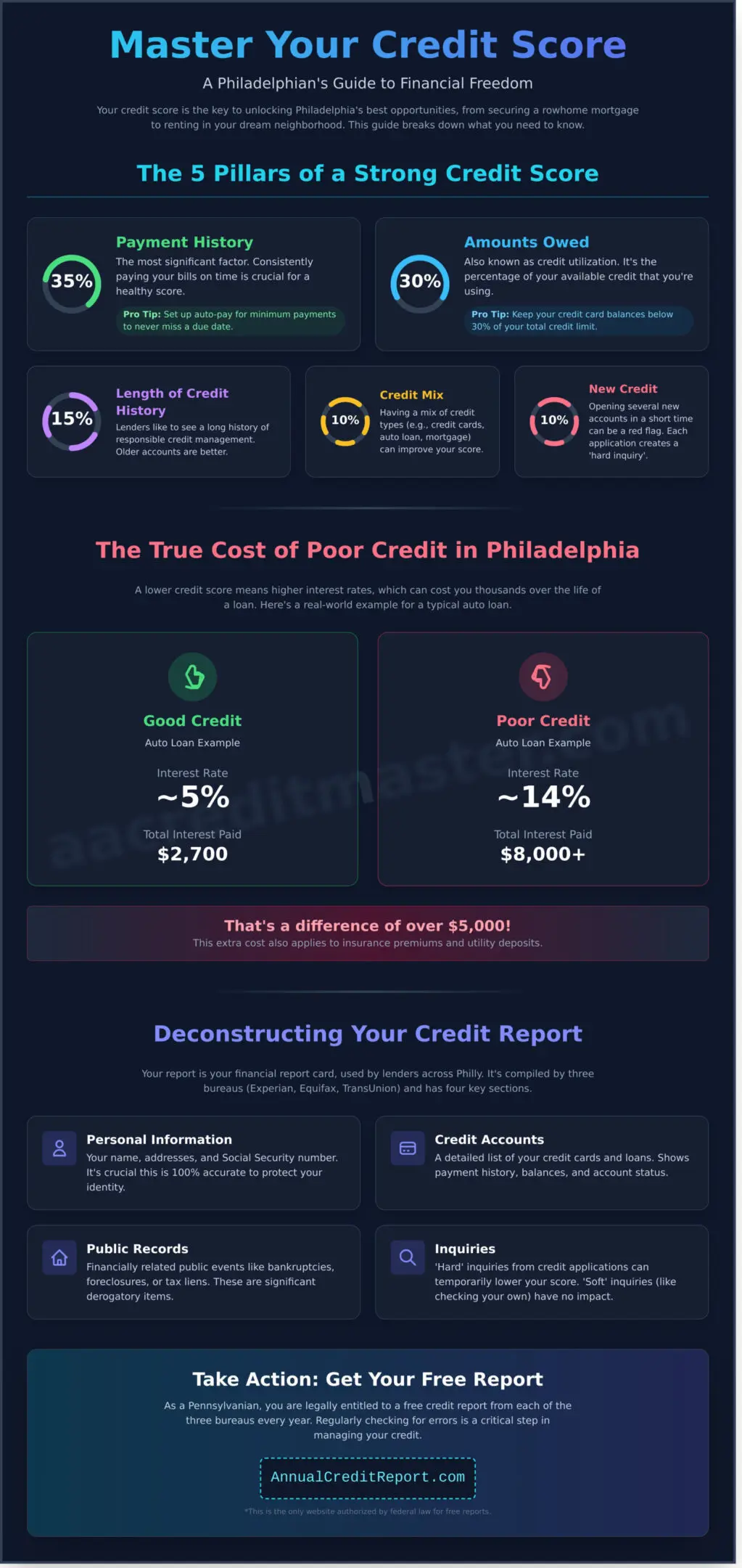 Infographic showing the true cost of poor credit in Philadelphia with financial impacts.