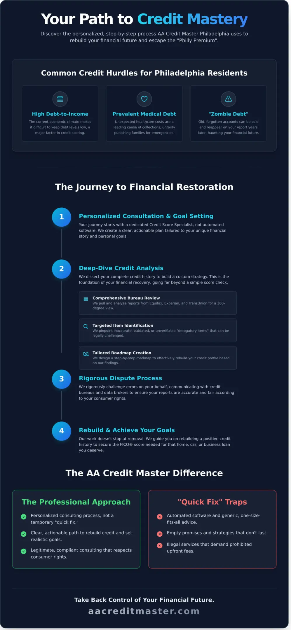 Infographic outlining steps for financial restoration.