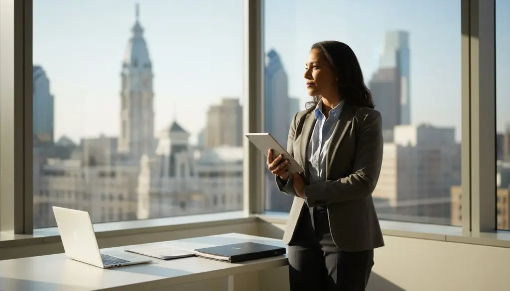 Professional woman standing by office window holding a tablet, city skyline in background.