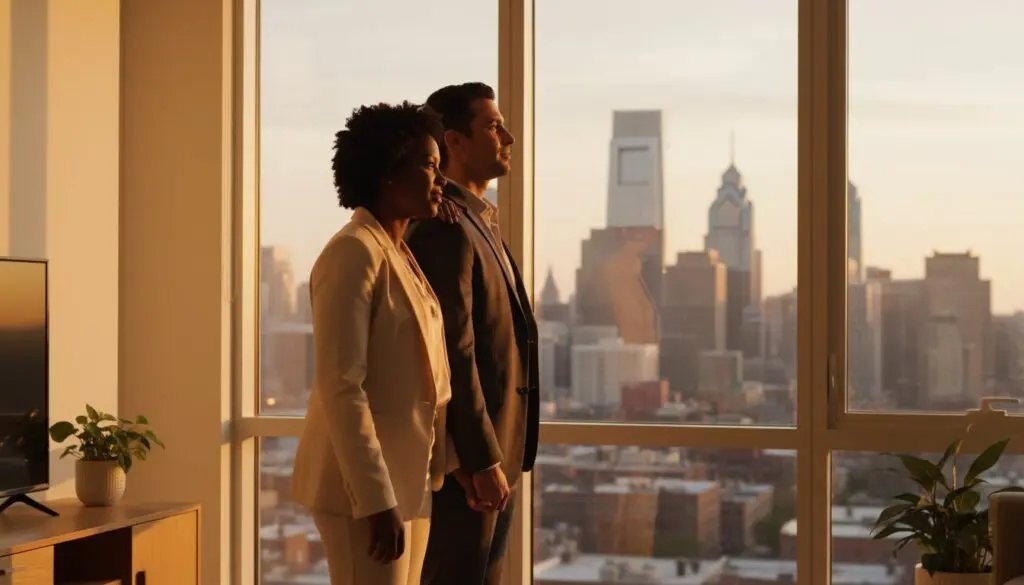 Two professionals in business attire looking out a large window at a cityscape.