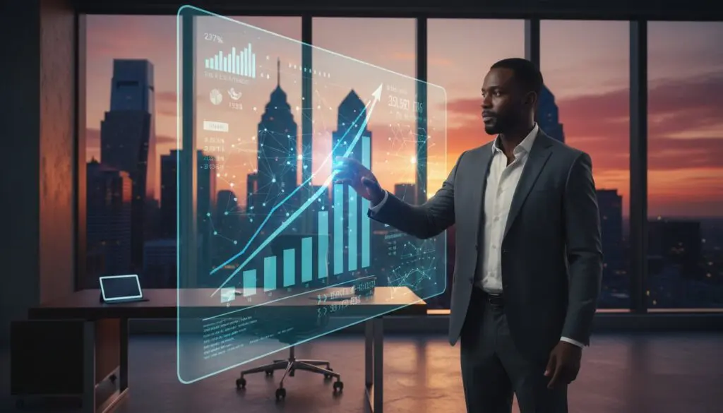 Businessman interacting with a digital financial graph in an office.
