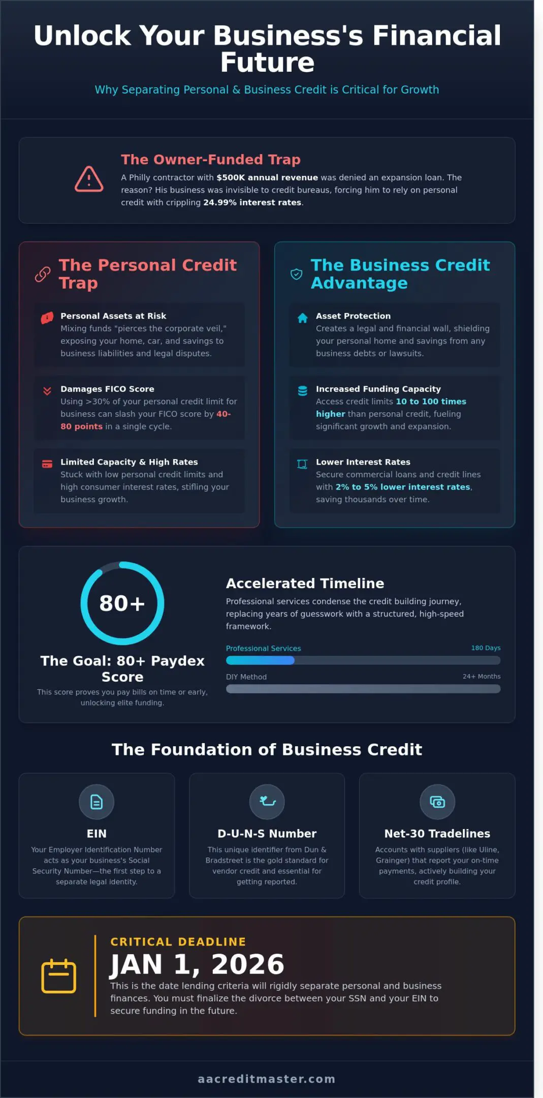 Infographic detailing business credit building steps and advantages.