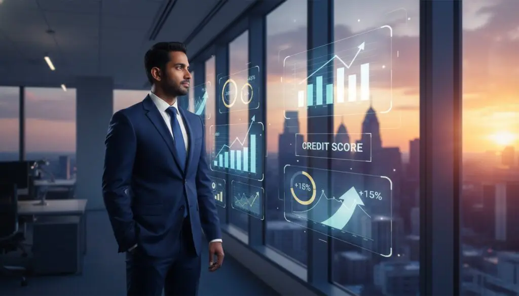 Businessman analyzing digital data and charts on a transparent screen at sunset.