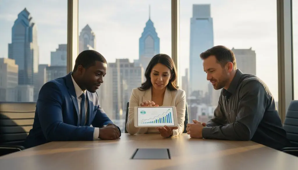 Three professionals reviewing a business growth chart in a modern office.