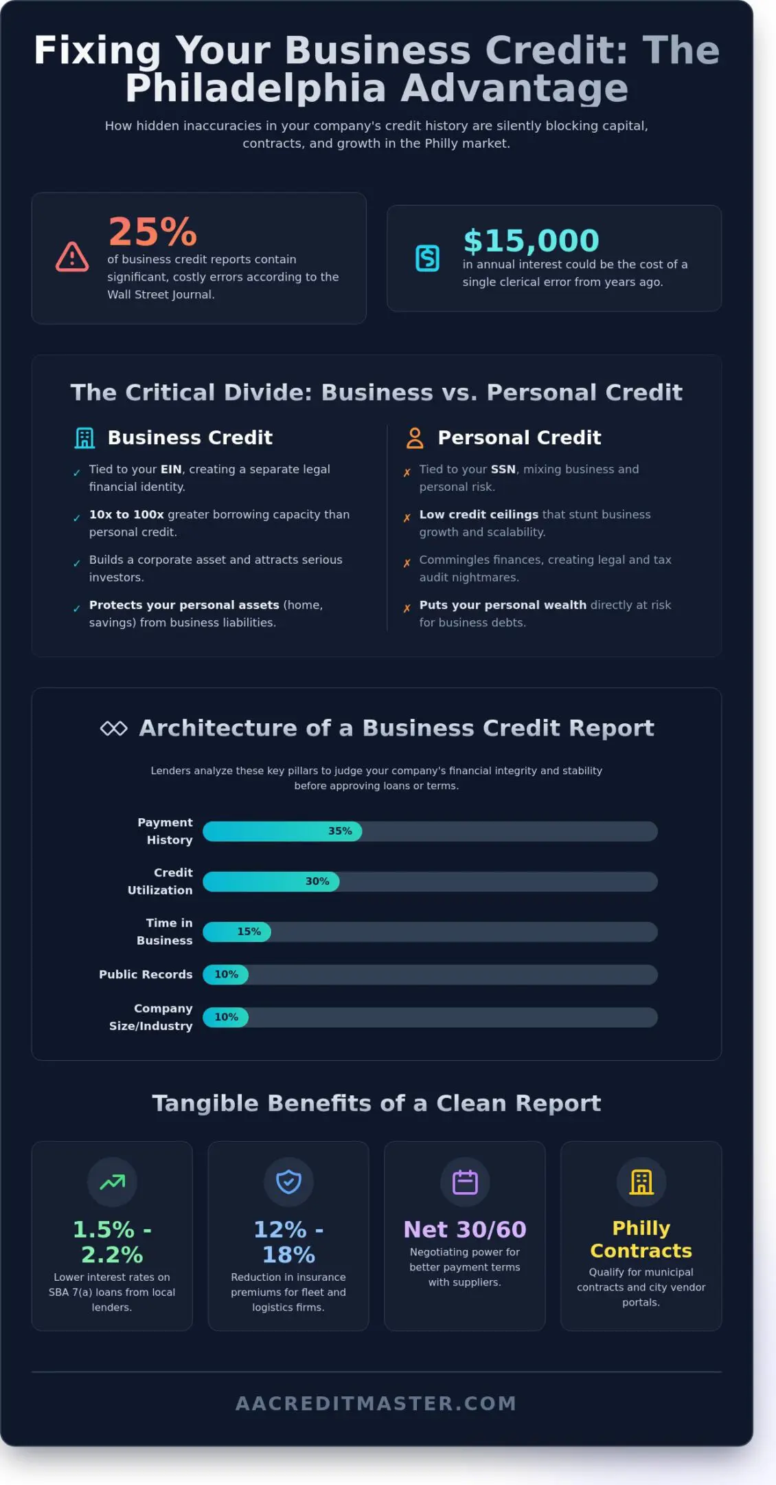 Infographic comparing business credit and personal credit with business credit report architecture.