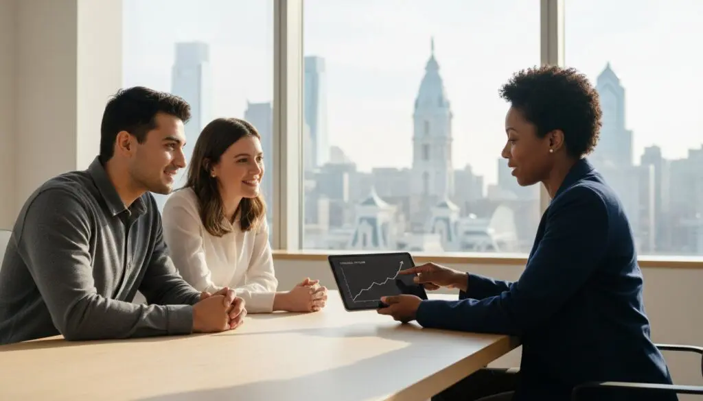 Three professionals discussing data on a laptop in a bright office with a city view.