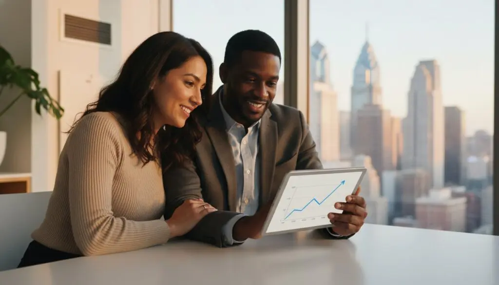 Two colleagues reviewing a rising graph on a tablet during a meeting.