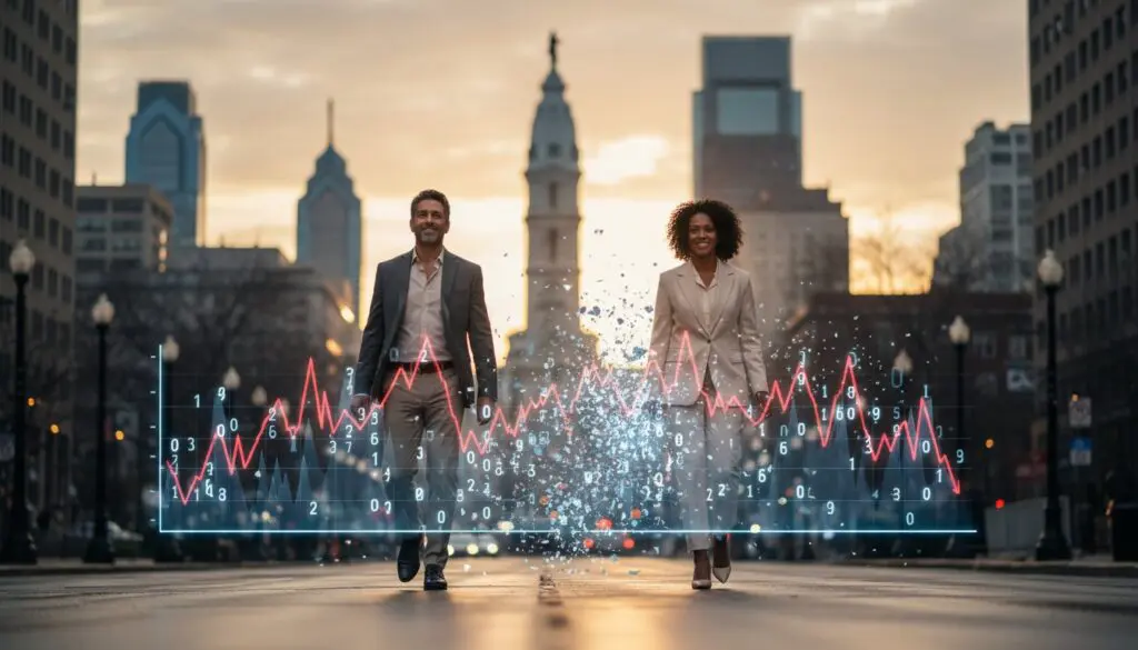 Business professionals walking with digital financial graphs overlay.