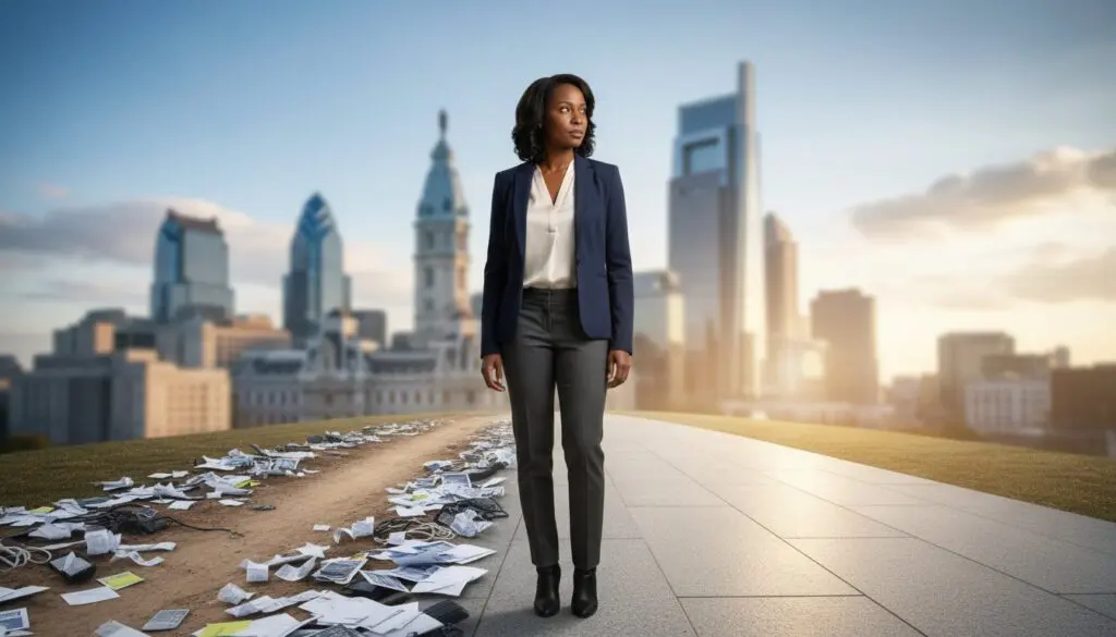 Confident businesswoman walking with city skyline and money scattered around.