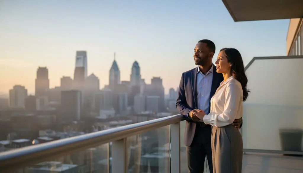 Couple enjoying city skyline view from balcony at sunset.