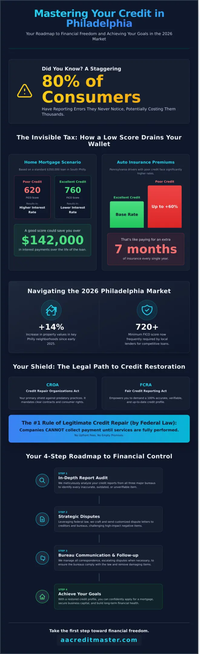 Infographic on credit restoration benefits and Philadelphia market insights for 2026.