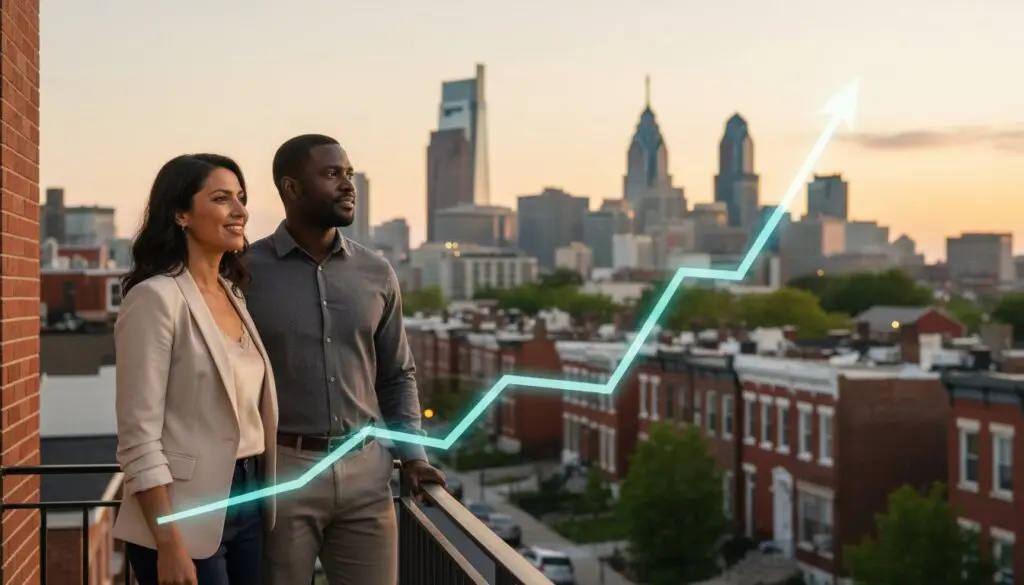 Business professionals overlooking city skyline with rising financial graph.