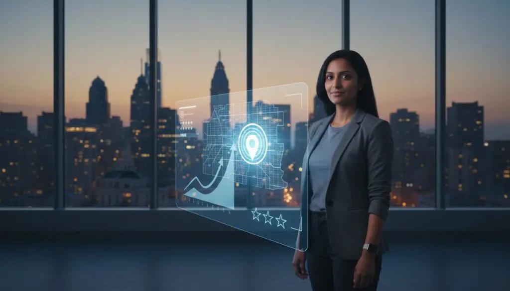 Businesswoman standing with cityscape and digital map hologram at sunset.