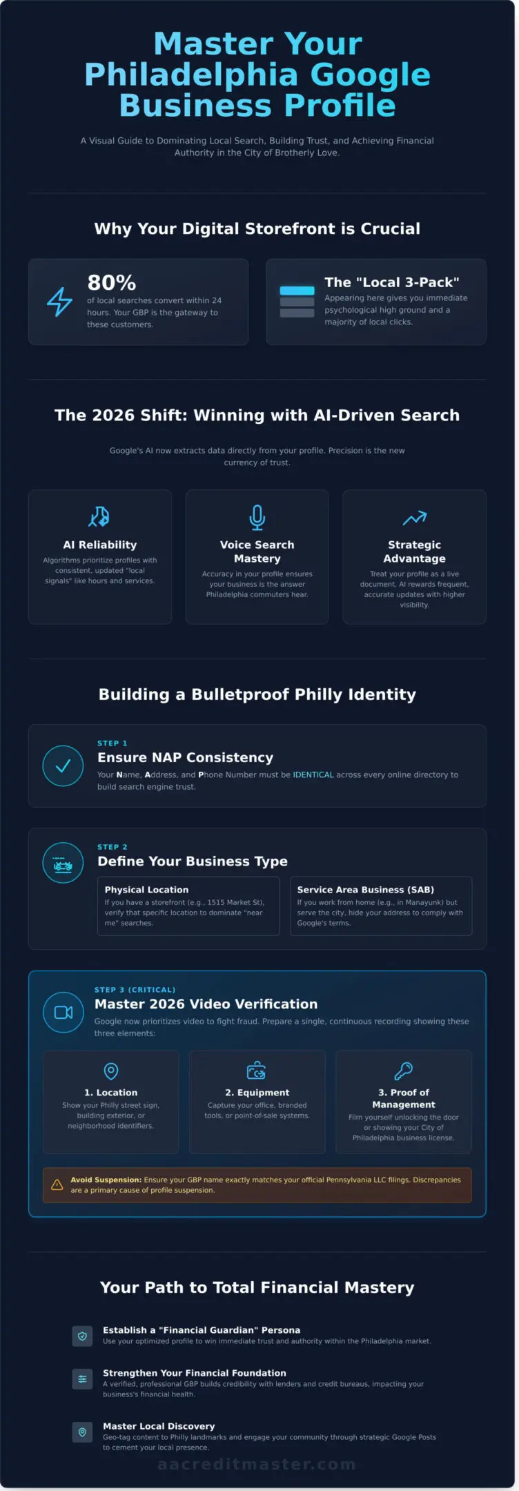 Dashboard showing steps to build a Proof of PHilly identity with secure NAP and business type definition.