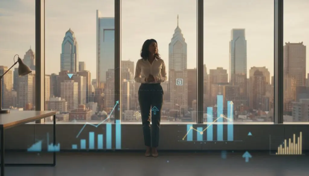 Woman standing by a window overlooking a city skyline with data charts.