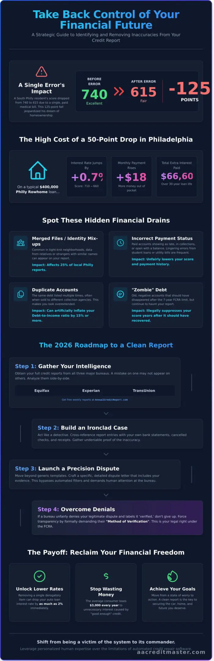 Infographic detailing a 2026 roadmap to a clean report with steps on gathering intelligence and building a case.