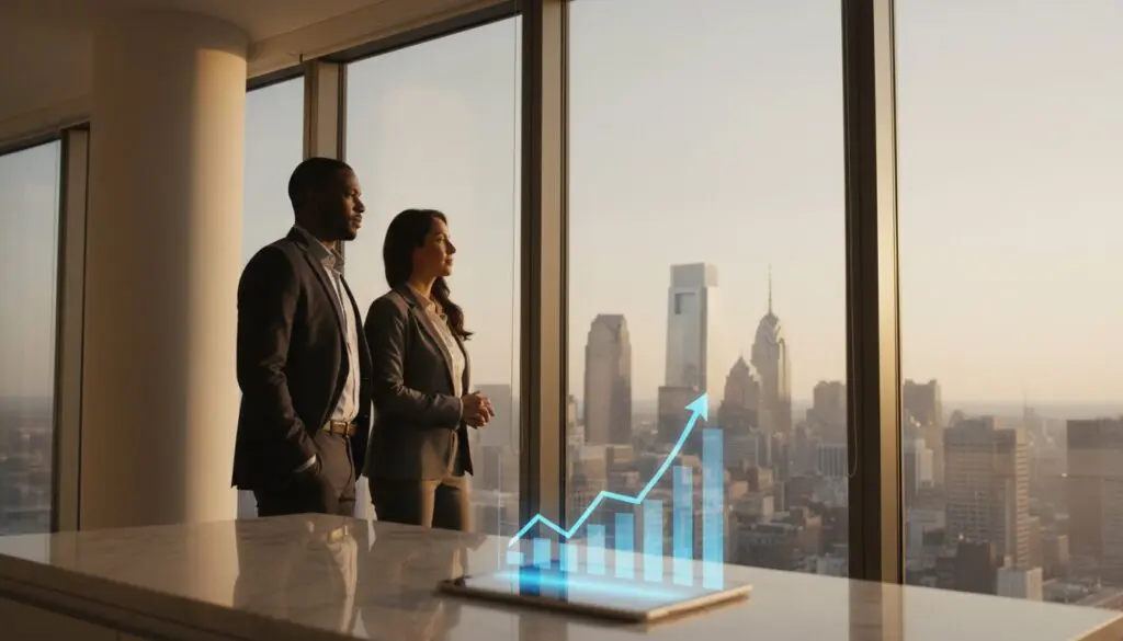 Two professionals analyze a rising financial graph in an office with a city view.
