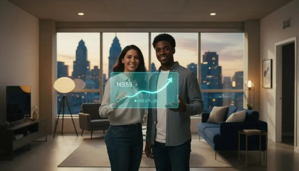 Two professionals analyzing a rising data graph in a modern office.