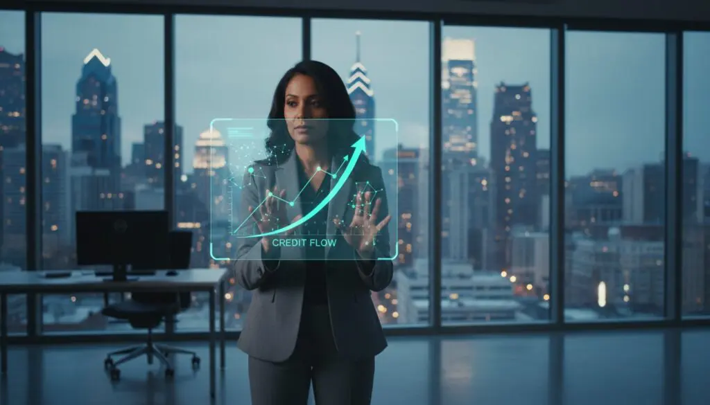 Businesswoman analyzing growth chart on transparent screen in office.