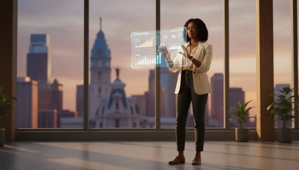 Woman using futuristic transparent tablet with cityscape background.
