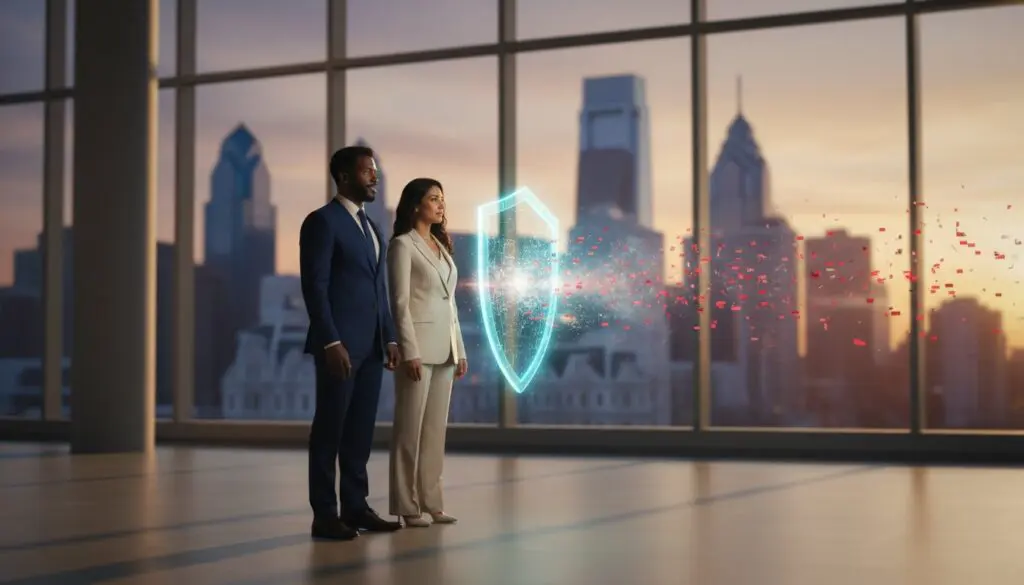 Two professionals stand by a glowing shield hologram in an office with a city view.