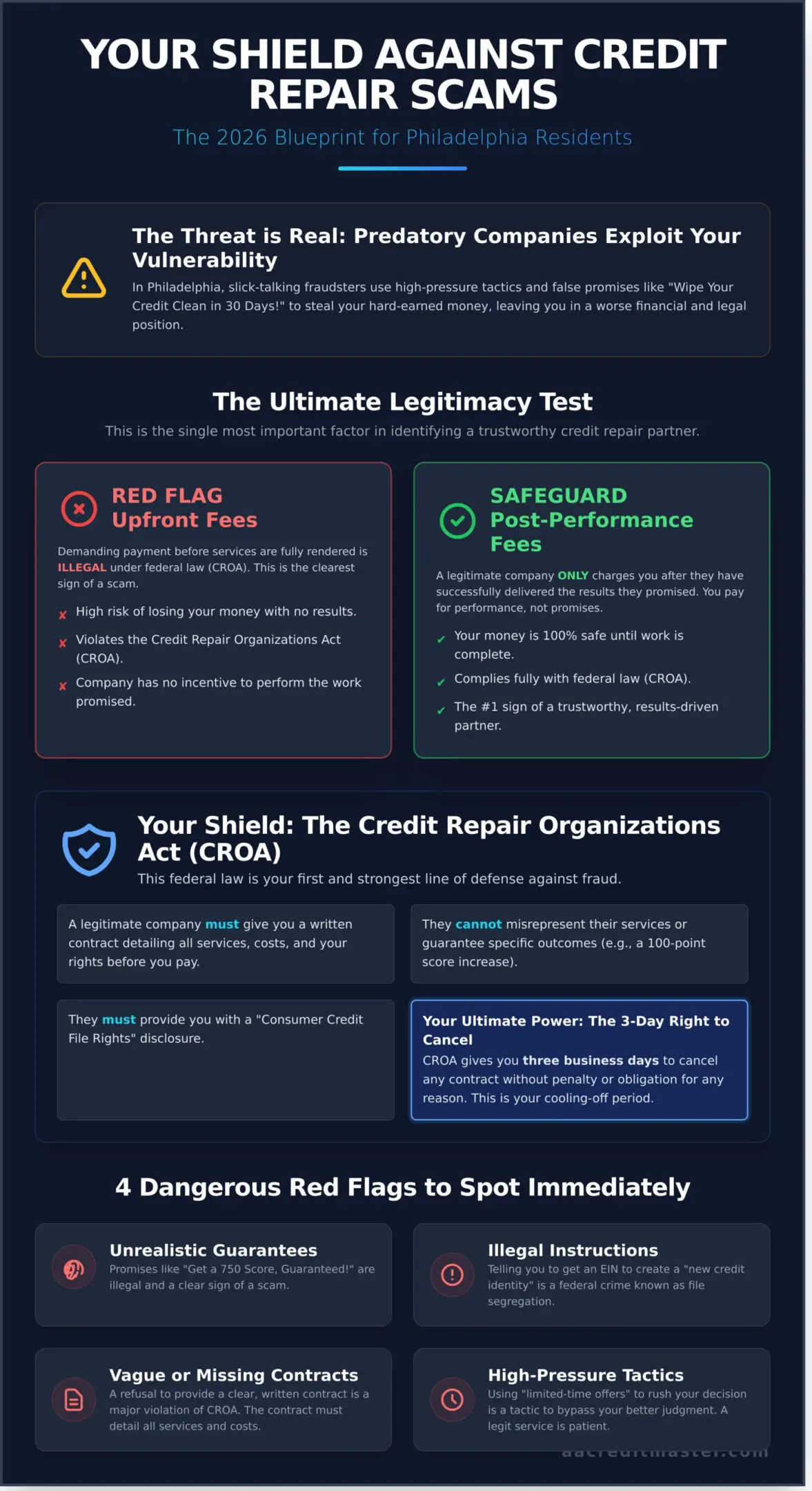 Infographic on the Ultimate Legitimacy Test for credit repair organizations and software.