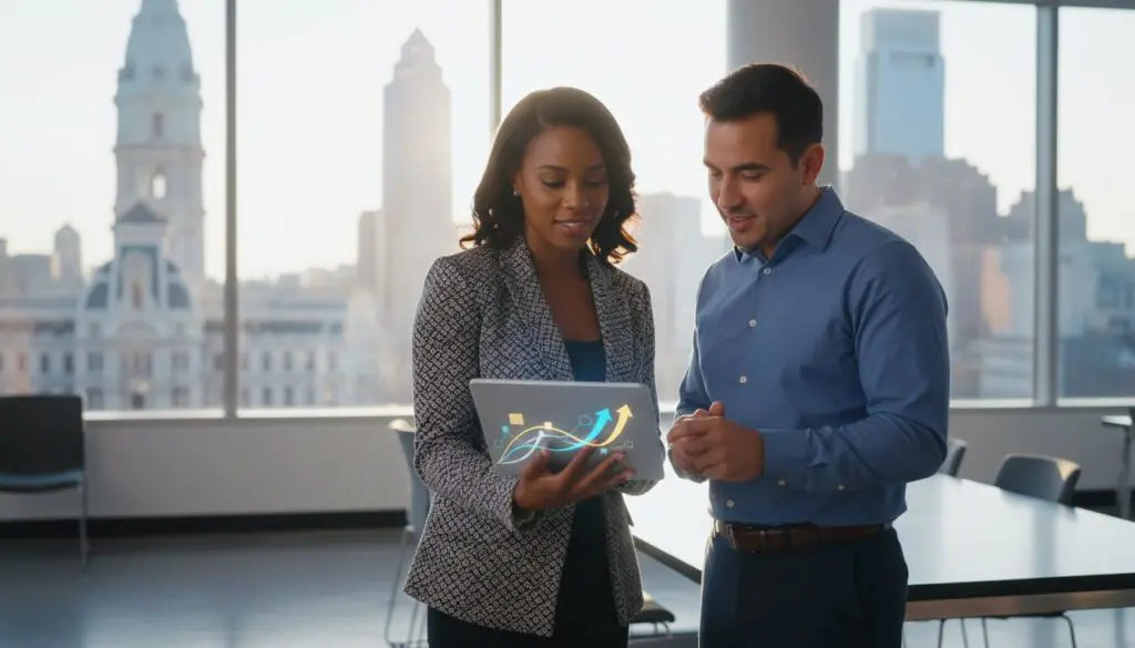 Two professionals discussing data on a transparent tablet in an office.