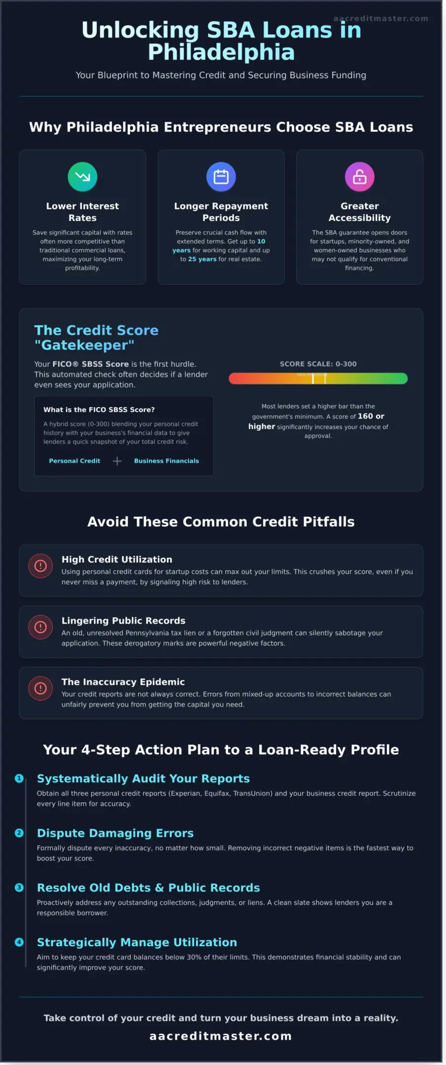 Infographic explaining credit score categories and pitfalls to avoid.