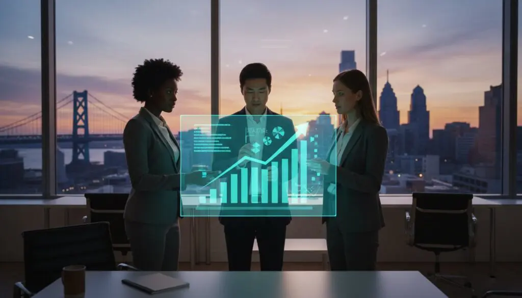 Three professionals analyzing a rising bar graph at sunset.