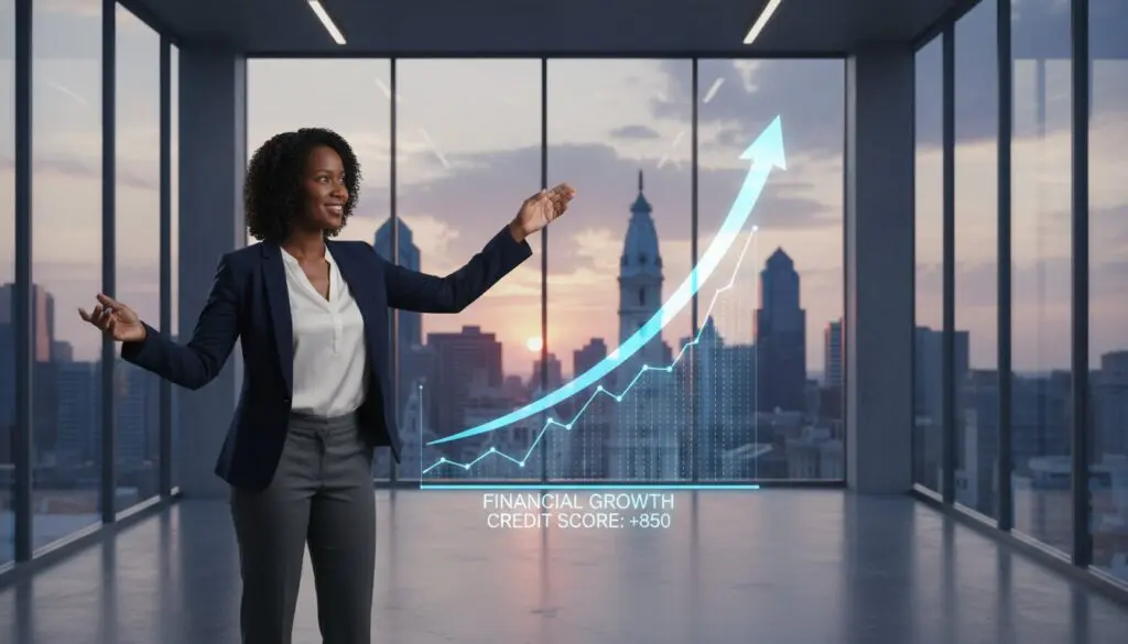Businesswoman presenting rising growth chart with city skyline.